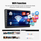 Car stereo system with WiFi function and mobile device app icons displayed.