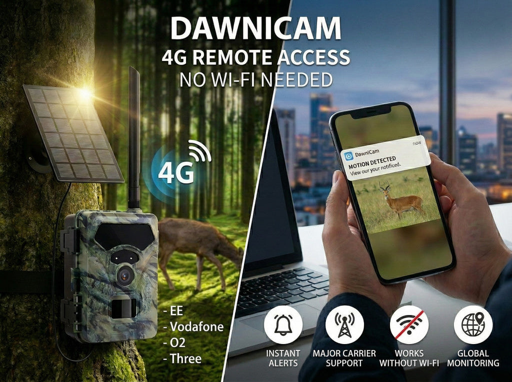 DawnCam 4G remote access device with solar panel, deer in forest, and smartphone app on cityscape background.