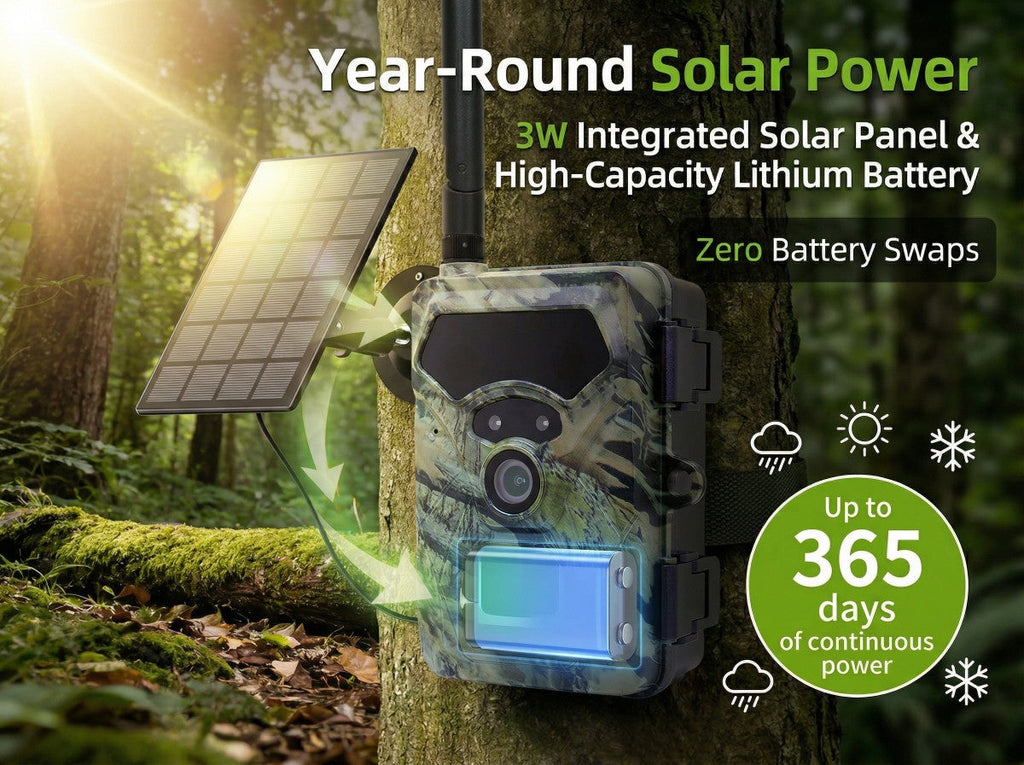 Camouflage trail camera with solar panel on a tree trunk in a forest, highlighting year-round solar power features.
