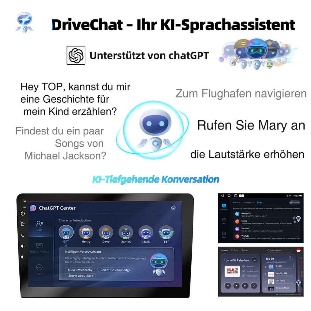 Digital display with a chatbot interface and text in German, featuring DriveChat and chatGPT.