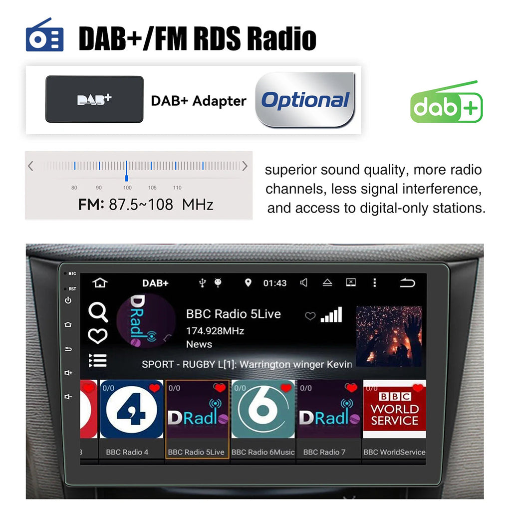 Car stereo system with DAB+ and FM RDS radio display, featuring BBC Radio stations.