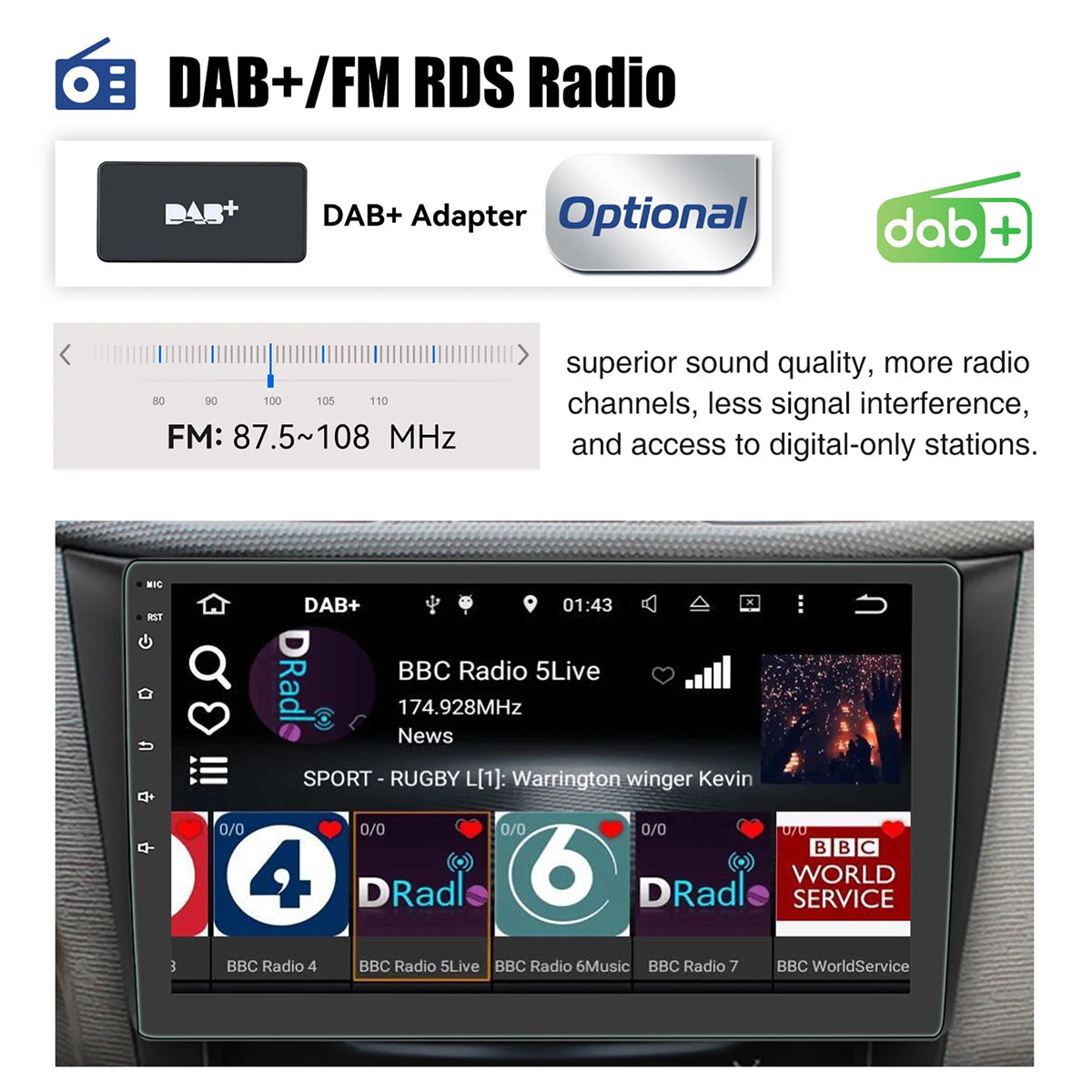 Car stereo system with DAB+ and FM RDS radio display, featuring BBC Radio stations.