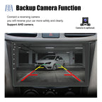 Car dashboard with a backup camera display showing a reversing car in a garage.