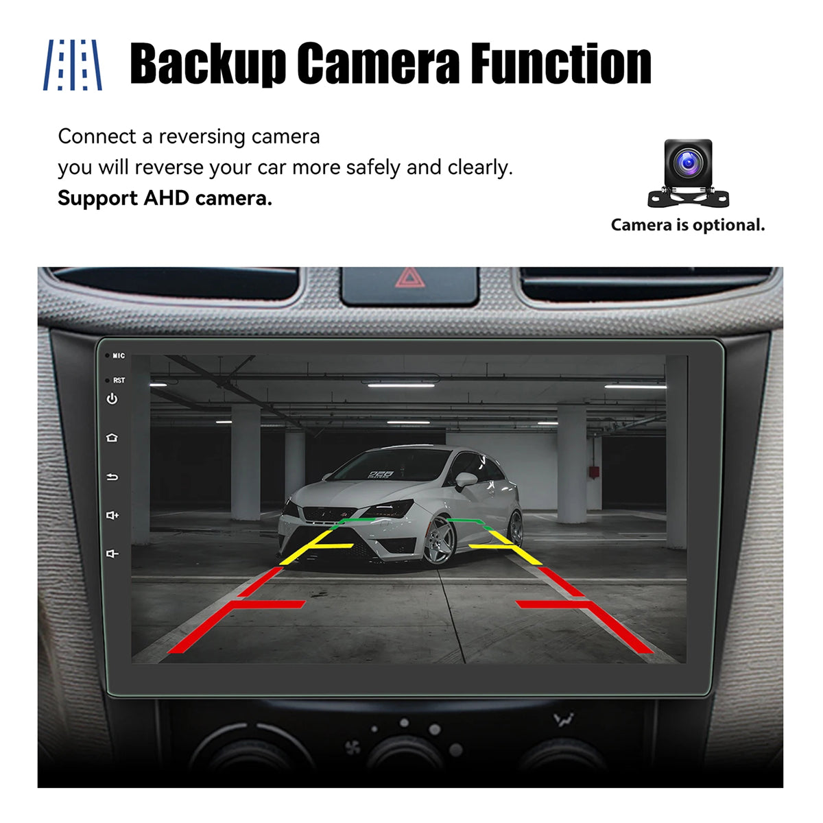 Car dashboard with a backup camera display showing a reversing car in a garage.