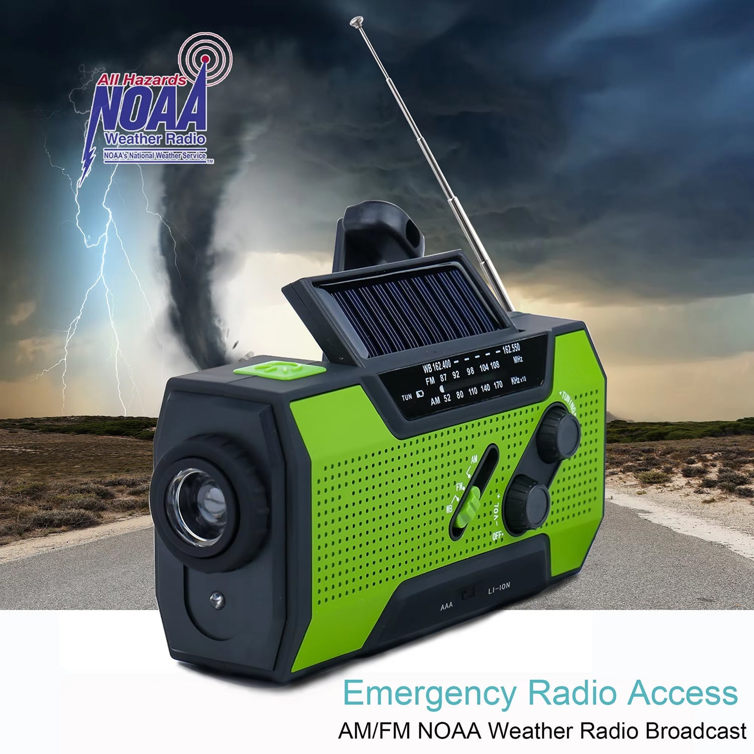 Green and black emergency radio with solar panel on a background of a stormy sky and tornado.