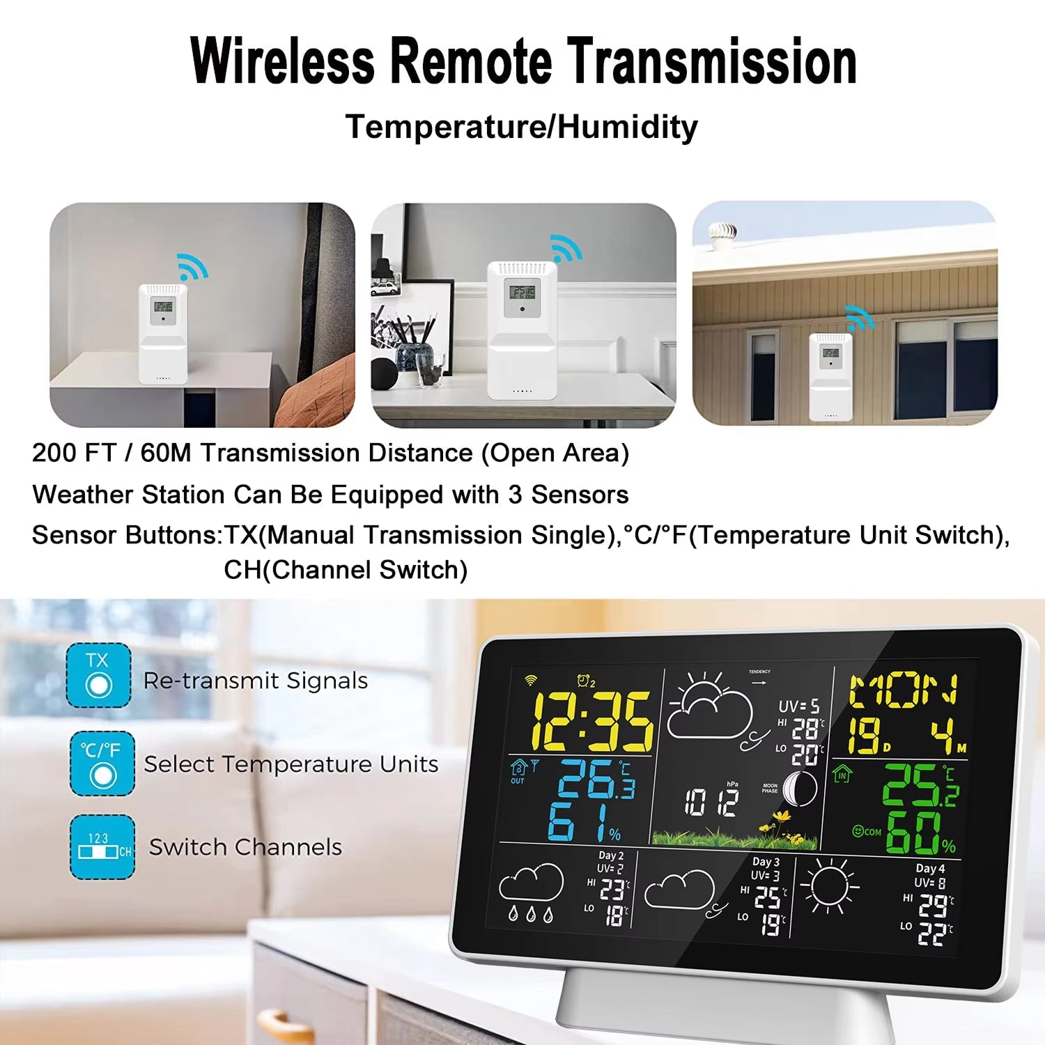 Weather station with digital display showing temperature and humidity, featuring wireless remote transmission capabilities.