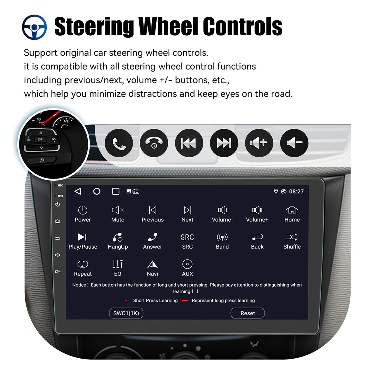 Car multimedia system with steering wheel controls interface and text explaining compatibility.