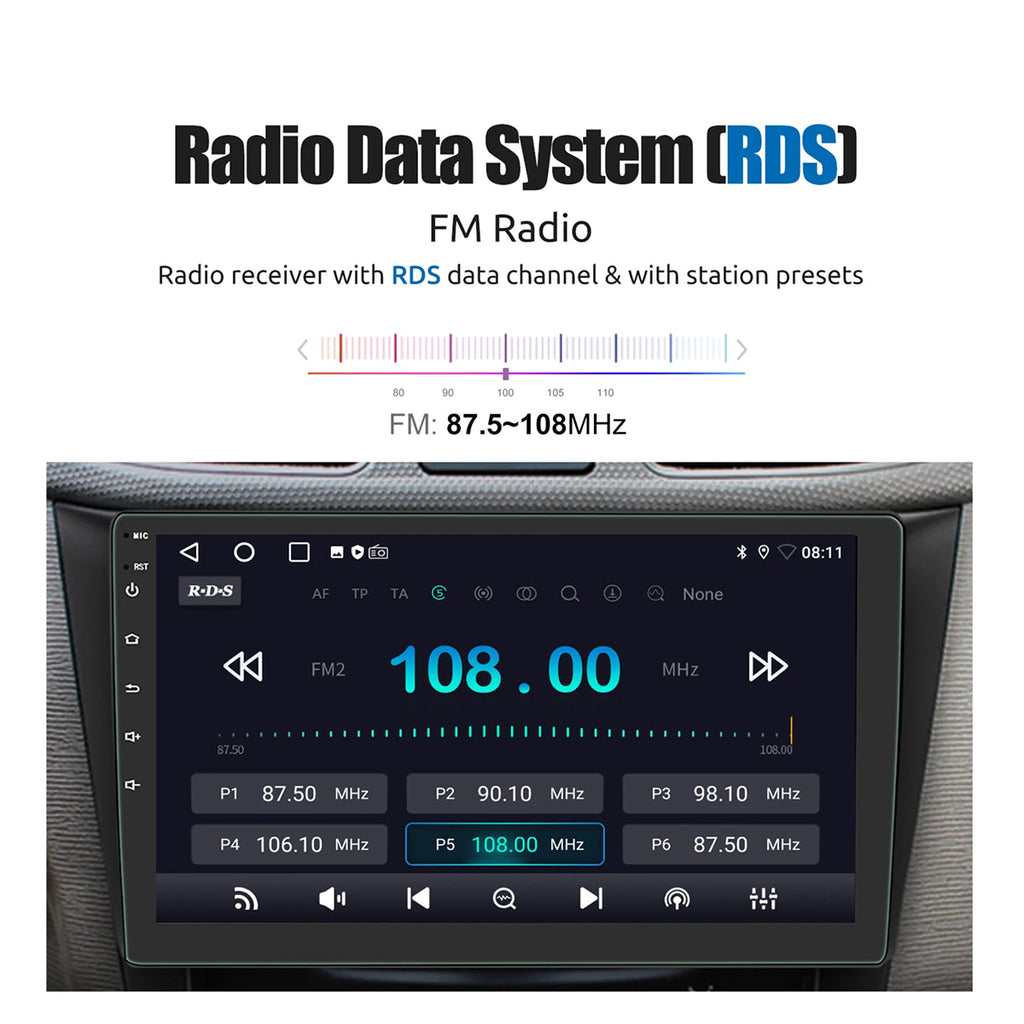 Car radio with RDS display and FM radio settings on a white background
