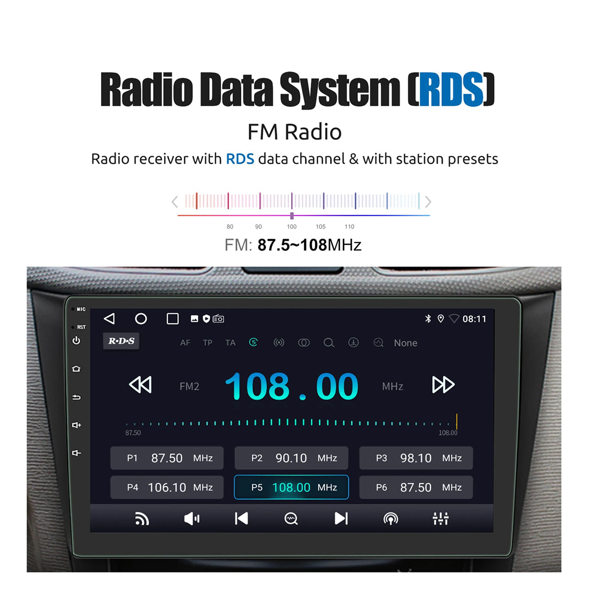 Car radio with RDS display and FM radio settings on a white background
