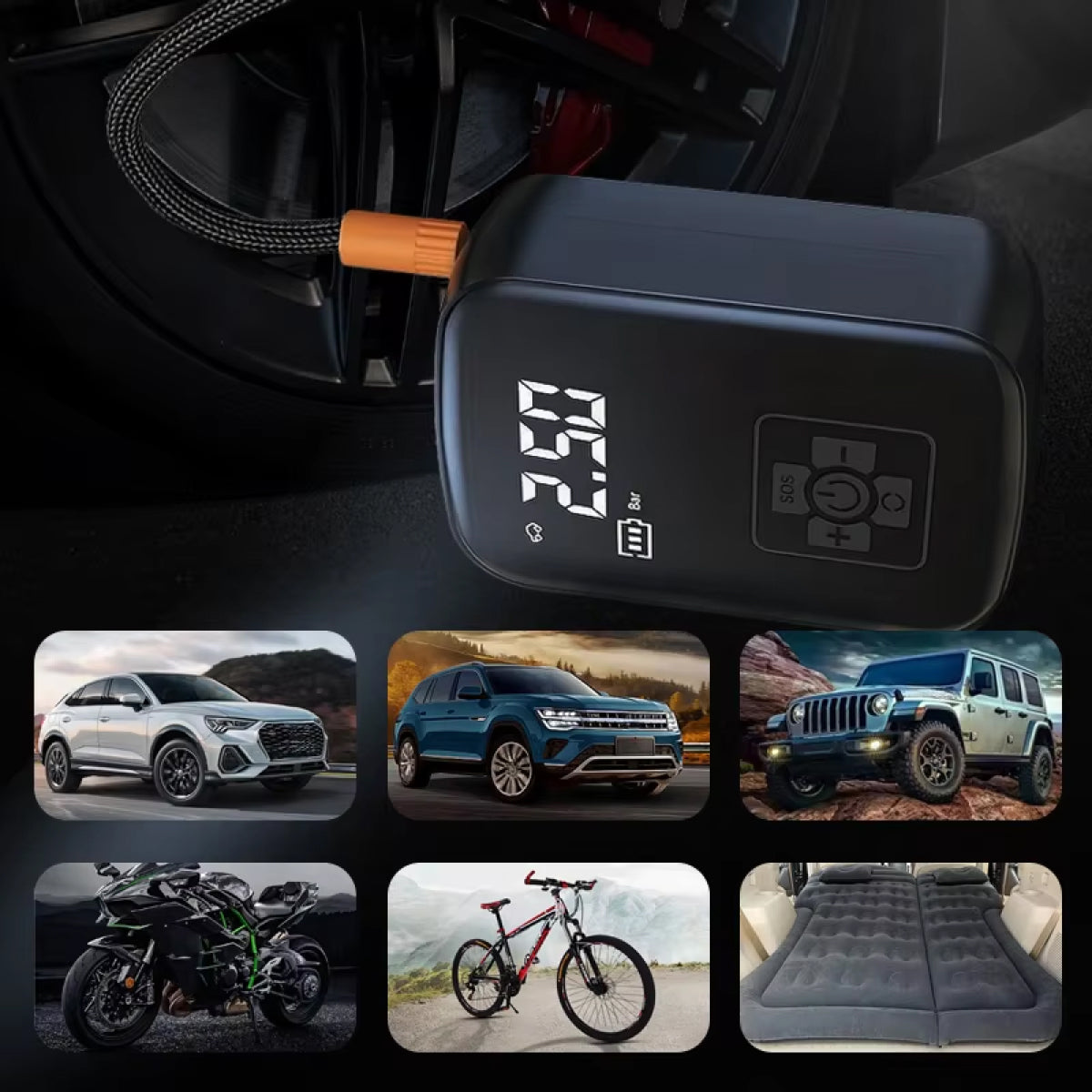 Portable car jump starter with digital display and inset images of vehicles and bicycles.