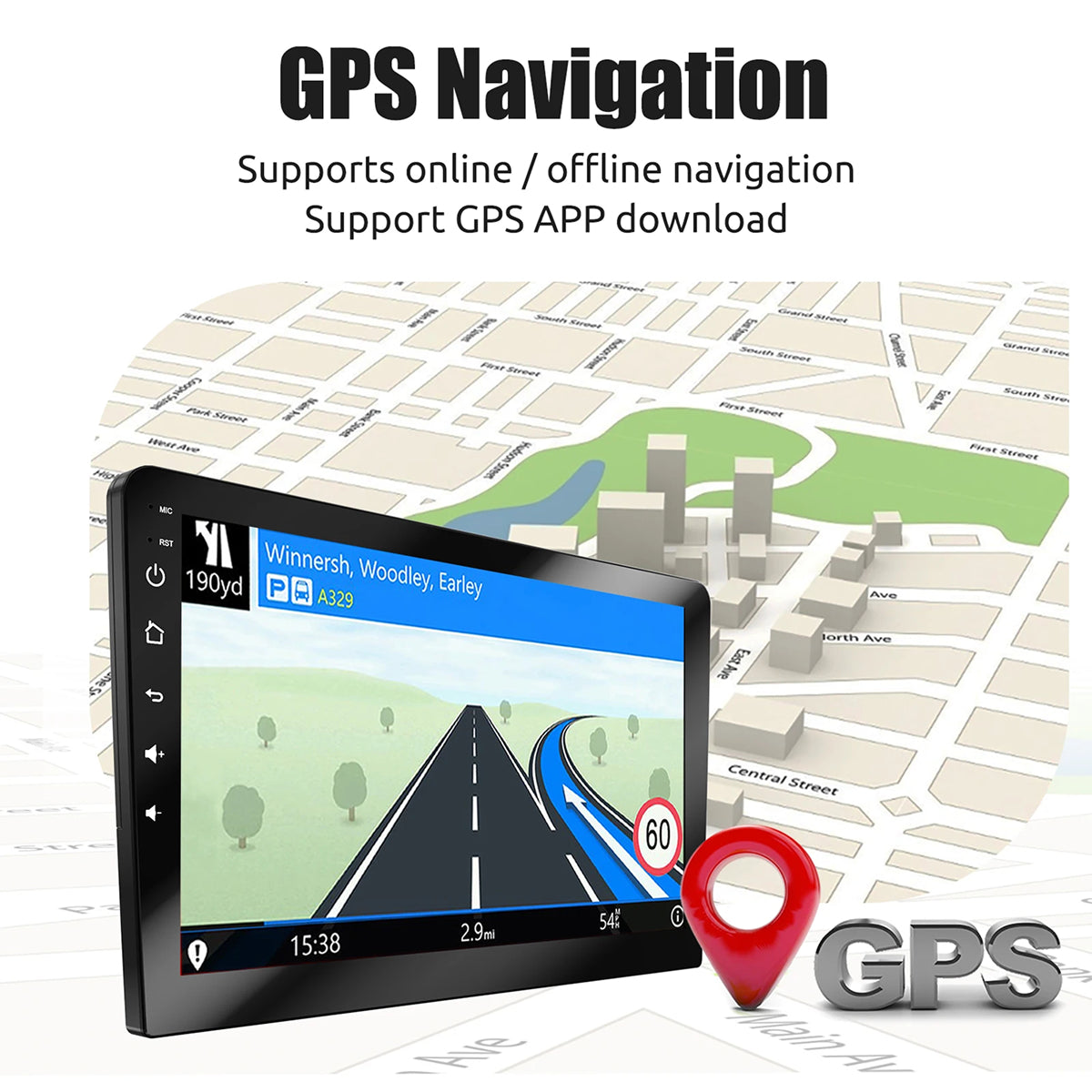 GPS navigation device with map display on a city street background