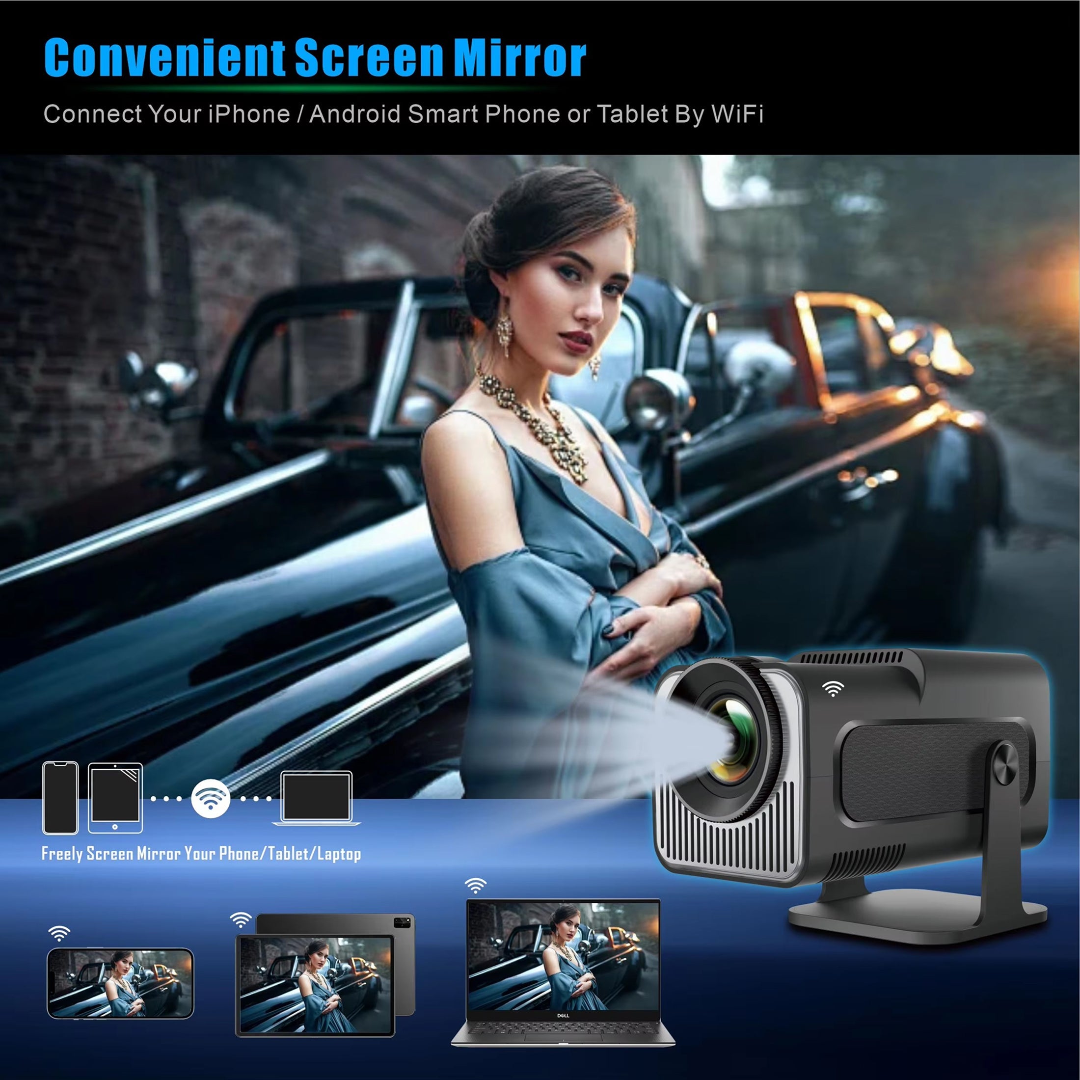 Projector with screen mirroring features displayed against a car and woman background.