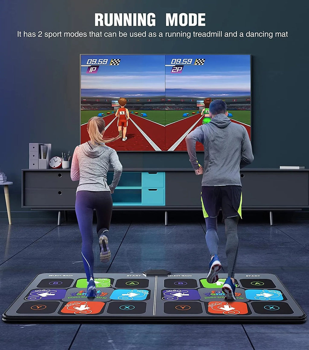 Two people using a dance pad with a screen displaying a running game in a room.