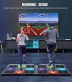 Two people using a dance pad with a screen displaying a running game in a room.