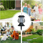 Solar lamp in the center with a family, children playing, and outdoor scenes around it.