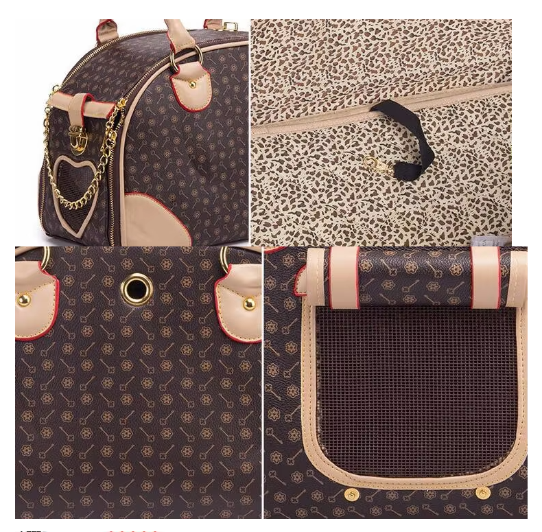 Collage of a patterned bag with heart design, leopard print, and key design.