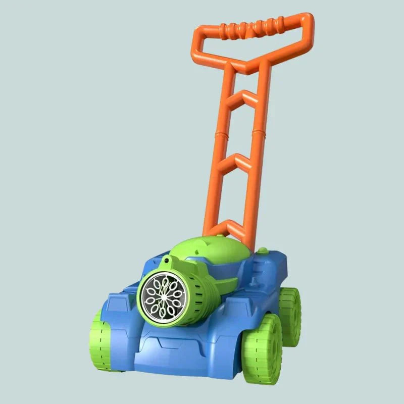 Toy lawn mower with orange handle, green wheels, and blue body on a light gray background