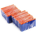 Stack of blue and orange foam darts in clear packaging on a white background