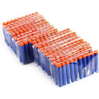Stack of blue and orange foam darts in clear packaging on a white background