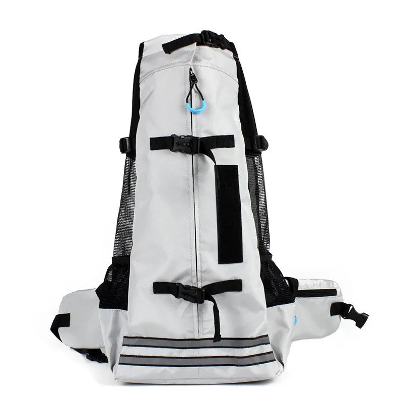 White backpack with black straps on a white background