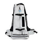 White backpack with black straps on a white background