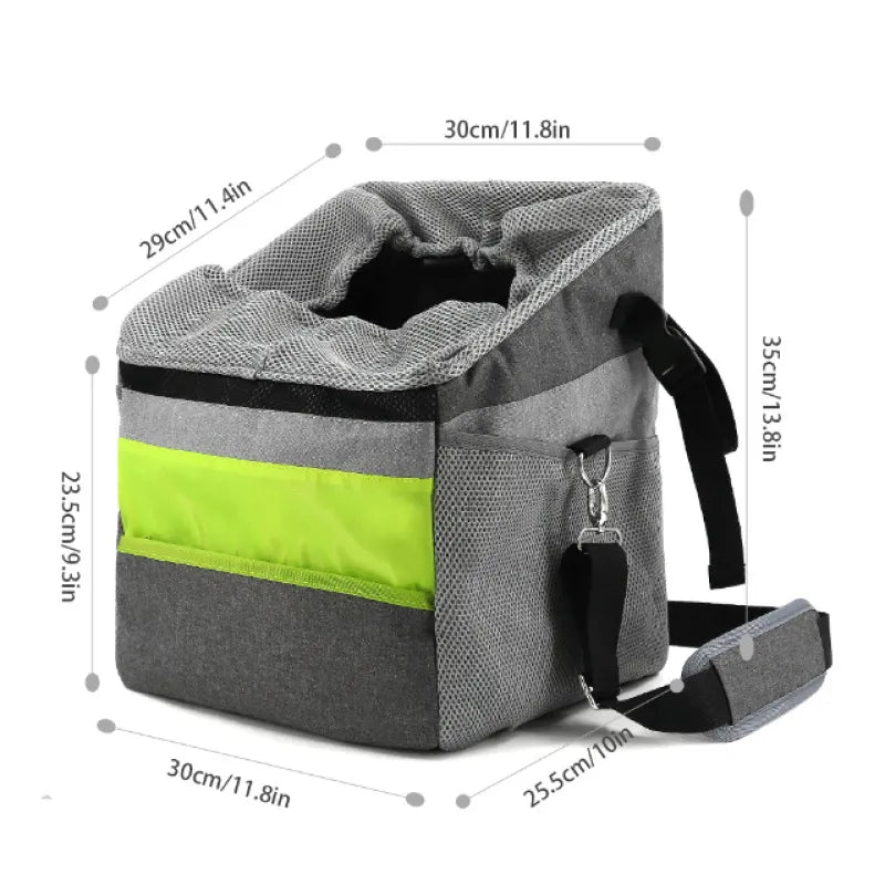 Gray and green bag with measurements on a white background