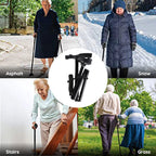 Collage of people using a walking stick in various conditions with an inset showing the walking stick.
