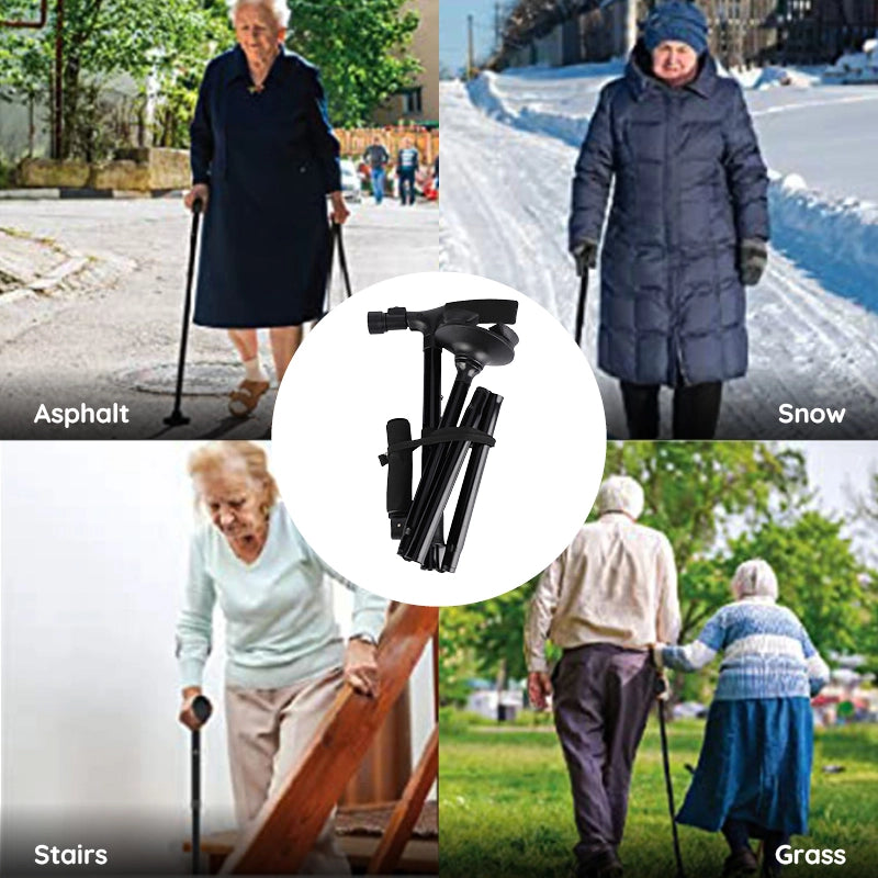 Collage of people using a walking stick in various conditions with an inset showing the walking stick.