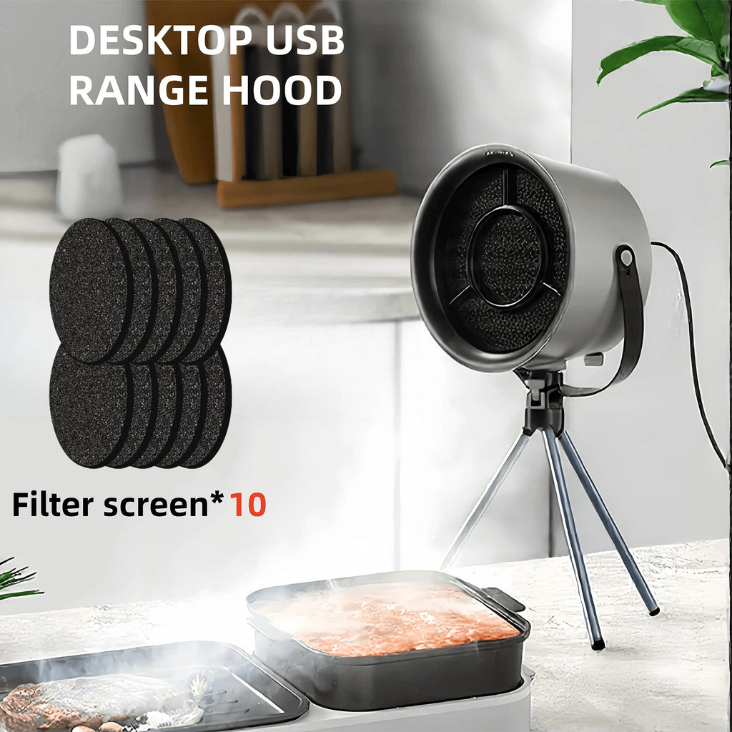 Desktop USB range hood with filter screens on a kitchen counter