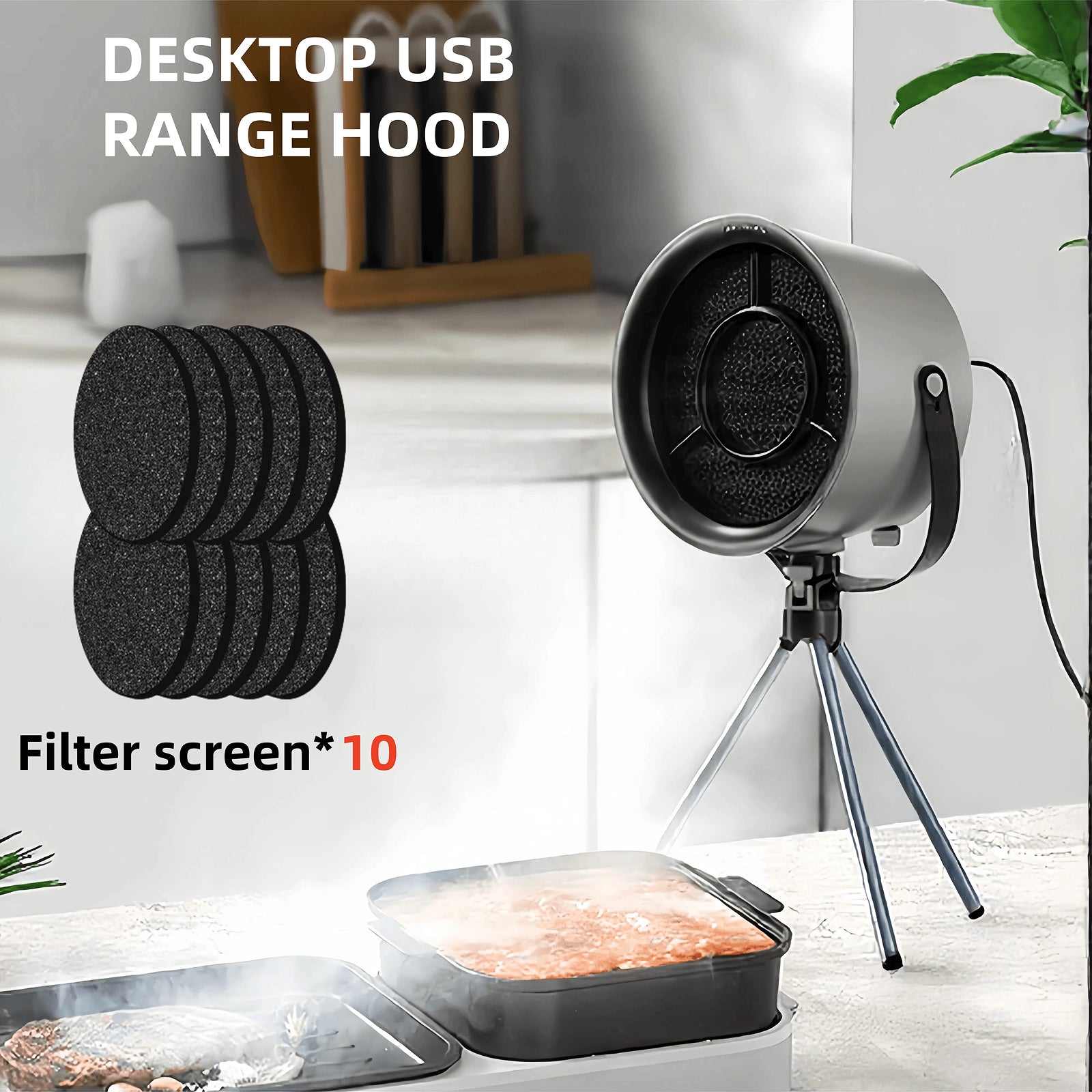 Desktop USB range hood with filter screens on a kitchen counter
