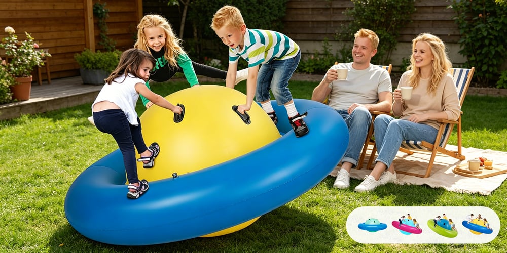 Children playing on a large inflatable UFO toy in a backyard with adults watching.