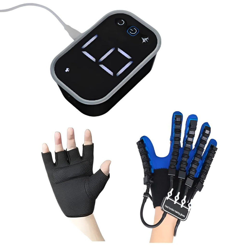 Black digital device with a timer, black half-finger glove, and blue and black weightlifting glove on a white background.