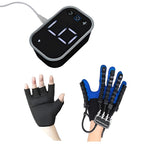 Black digital device with a timer, black half-finger glove, and blue and black weightlifting glove on a white background.