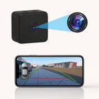 Black camera device with a smartphone displaying a 3D navigation app on a white background