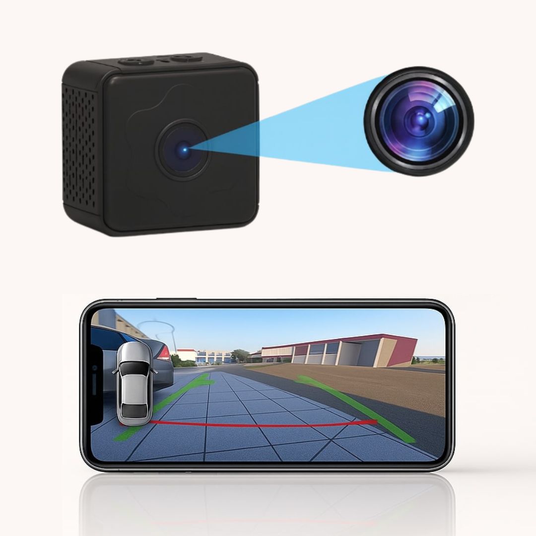 Black camera device with a smartphone displaying a 3D navigation app on a white background