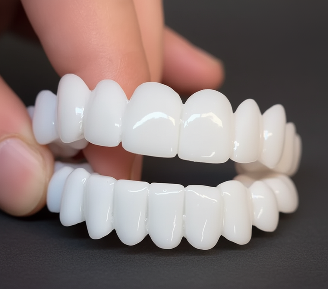 Set of white dental aligners held between fingers on a dark background