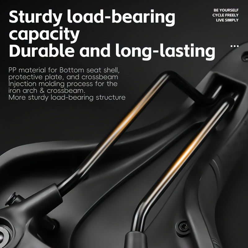 Close-up of a motorcycle frame with text highlighting durability and load-bearing capacity.