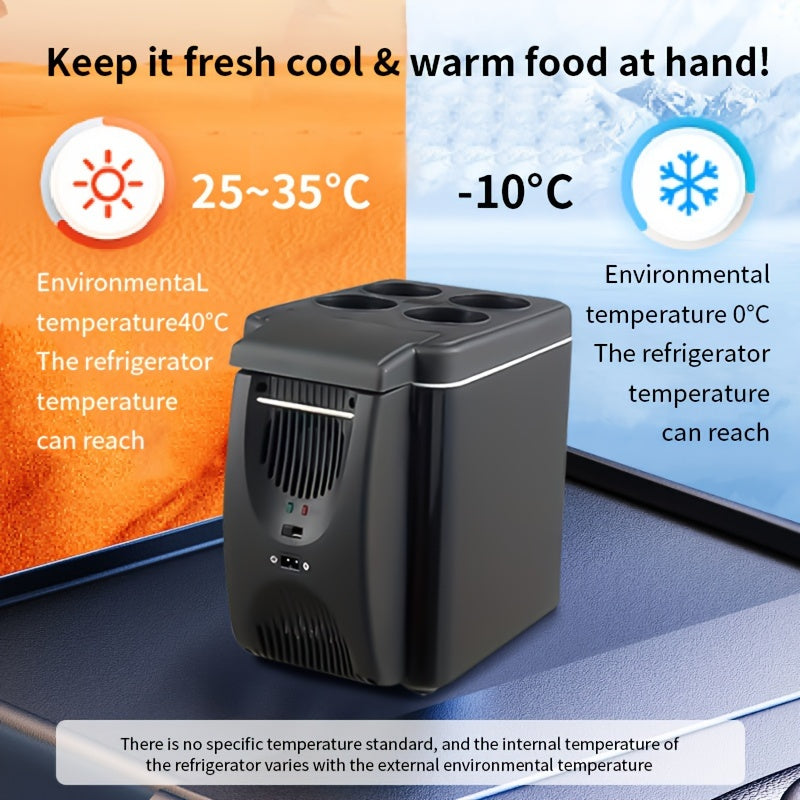 Portable refrigerator with temperature display on a blue and orange gradient background