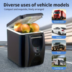 Portable refrigerator with apples on a road background, showing different vehicle types.