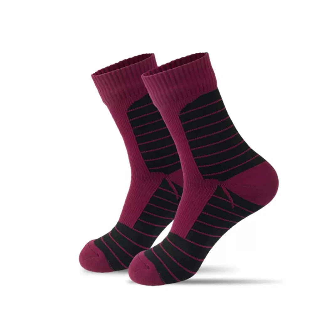 Pair of maroon socks with black stripes on a white background