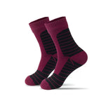 Pair of maroon socks with black stripes on a white background