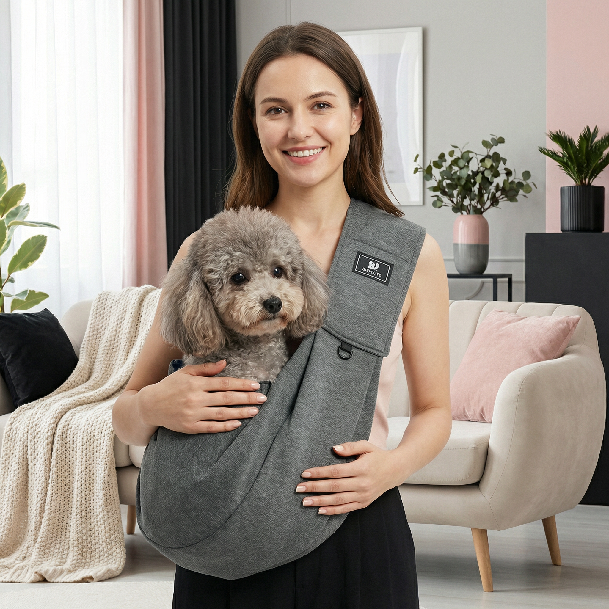 Woman holding a small dog in a gray pet sling in a living room.
