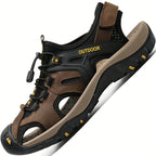 Brown and black sandal with 'Outdoor' label on a white background