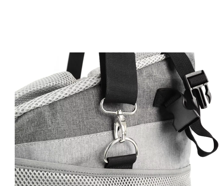 Gray duffel bag with black straps and a metal clasp on a white background