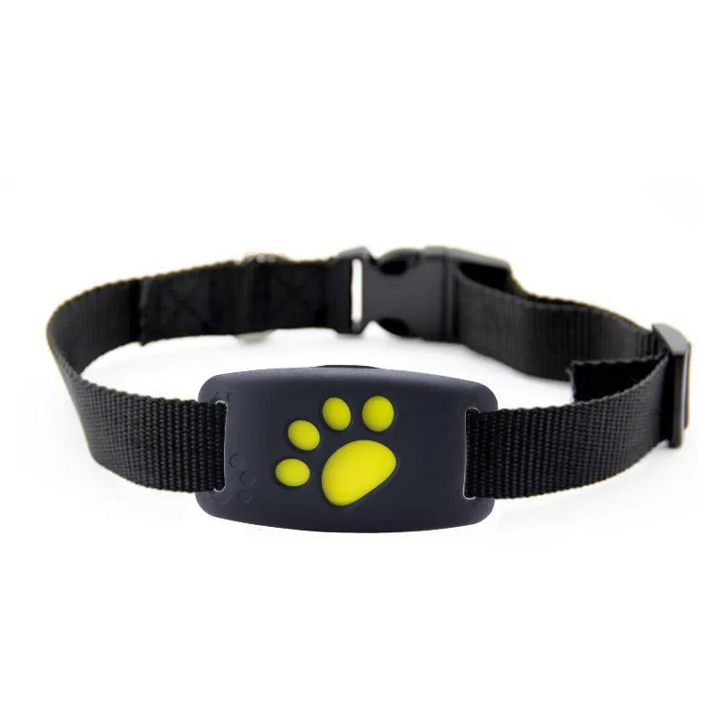 Black dog collar with a yellow paw print on a white background