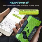 Person holding a green emergency radio with smartphone displaying text message, emphasizing the importance of staying connected during power outages.