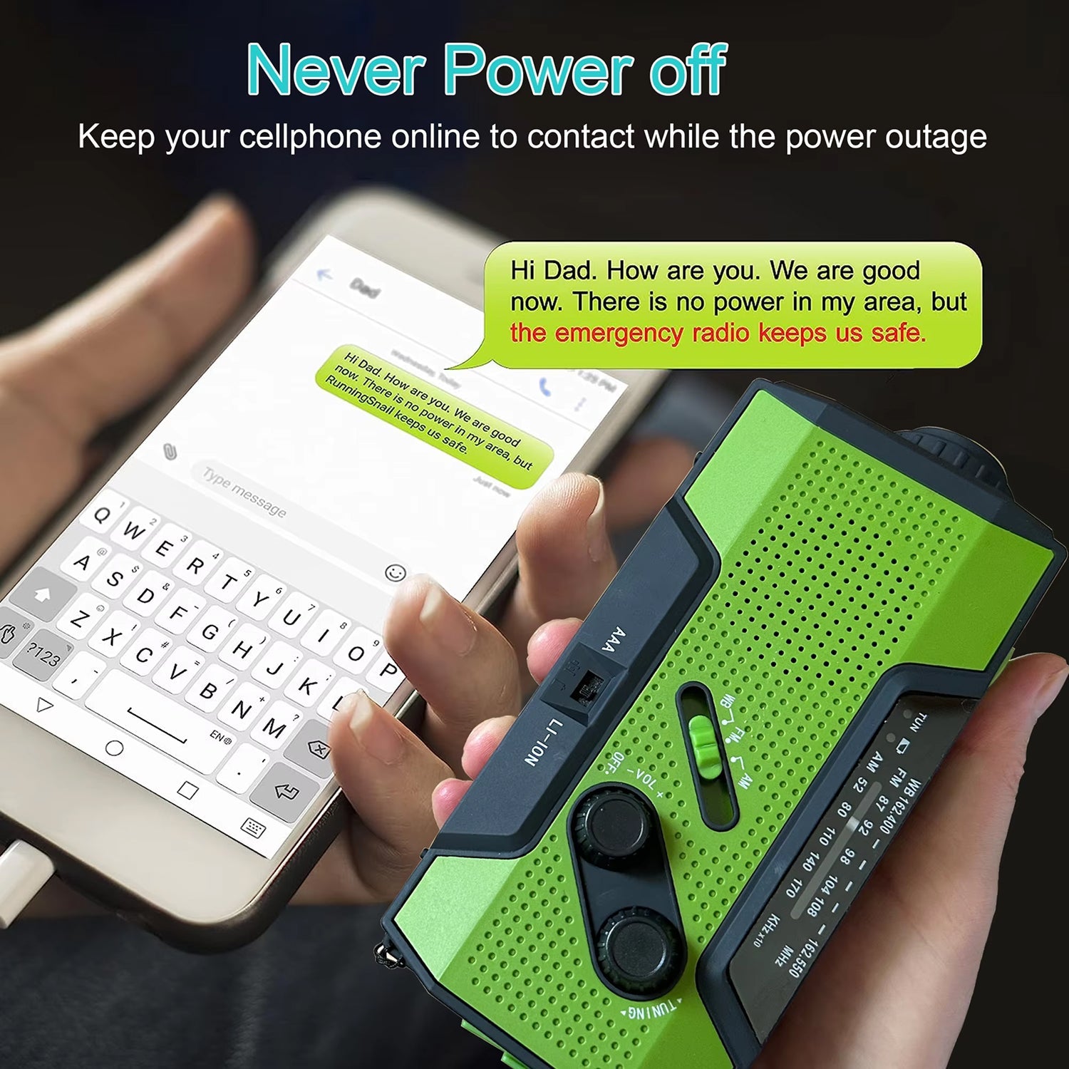 Person holding a green emergency radio with smartphone displaying text message, emphasizing the importance of staying connected during power outages.