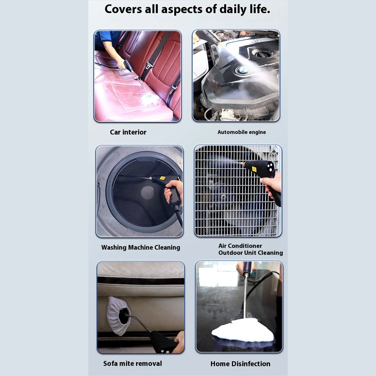 Various cleaning scenarios including car interior, engine, washing machine, air conditioner, sofa, and home disinfection.
