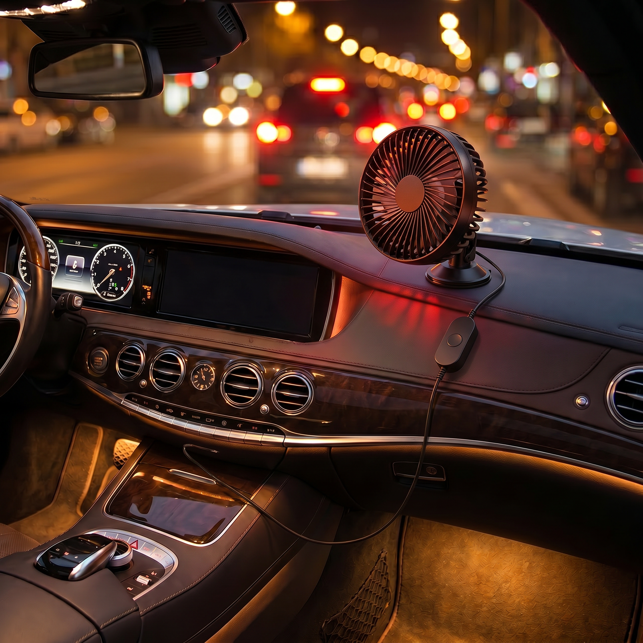 Car interior with a small fan on the dashboard during nighttime.