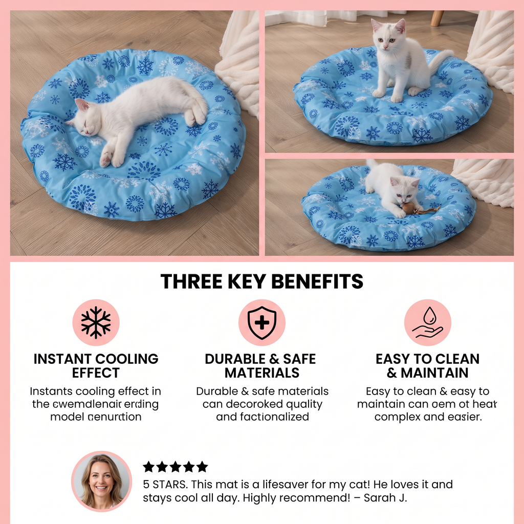 Cat lying on a blue cooling pad with snowflake patterns, surrounded by text highlighting key benefits.